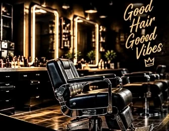 Estación de barbería con sillones, espejos e iluminación dorada