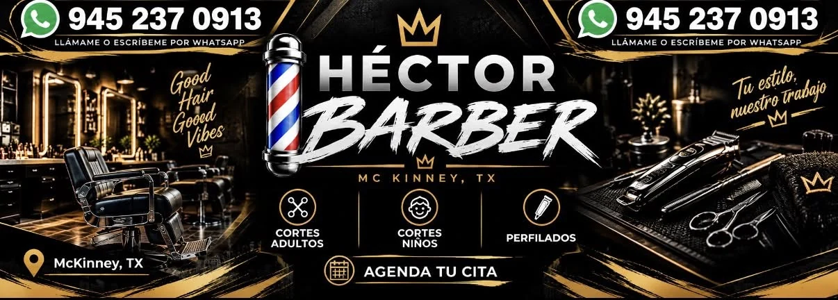 Arte original de Héctor Barber con sus servicios, número de WhatsApp y localización en McKinney, Texas